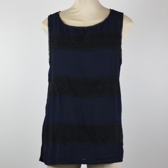 Loft Ann Taylor Navy Top Black Lace Stripe L  NWT - Picture 1 of 3